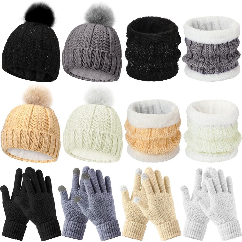 6729 12 Pcs Winter Beanie Hat Scarf Touchscreen Gloves Set Fleece Lined